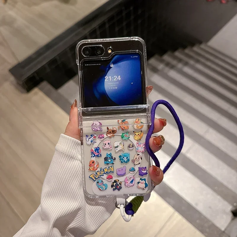 日本アニメポケットモンスターポケモン磁気 Magsafe ワイヤレス充電電話ケース三星銀河 Z フリップ 6 5 4 クリアハードカバー