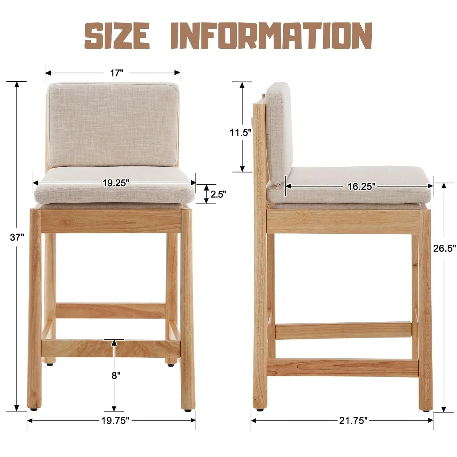 Beige Bar Stools Set of 2 Wooden Upholstered Counter Stools Mid Century Modern Barstool for Kitchen Island, Linen, Customized