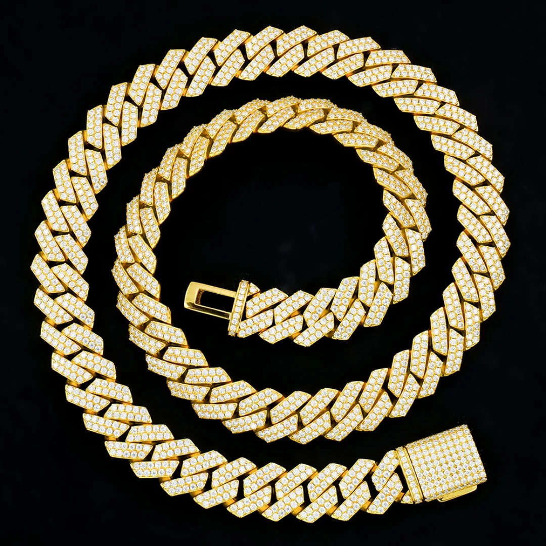 925 Men's Silver Jewelry White Gold Yellow Gold Plated Brilliant Cut Moissanite Necklace 14mm Angled Style Cuban Link Chains..