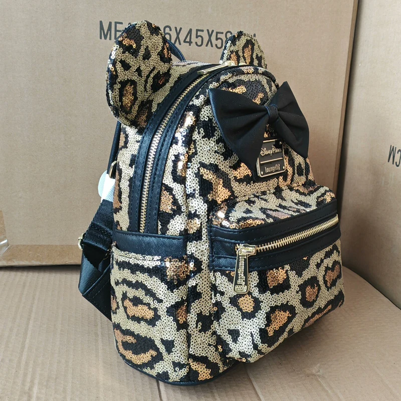 Disney Leopard Print Sequin Women Backpack Anime Cartoon Mini Backpack Mickey Mouse Double Shoulder Bags Outdoor Leisure Bag