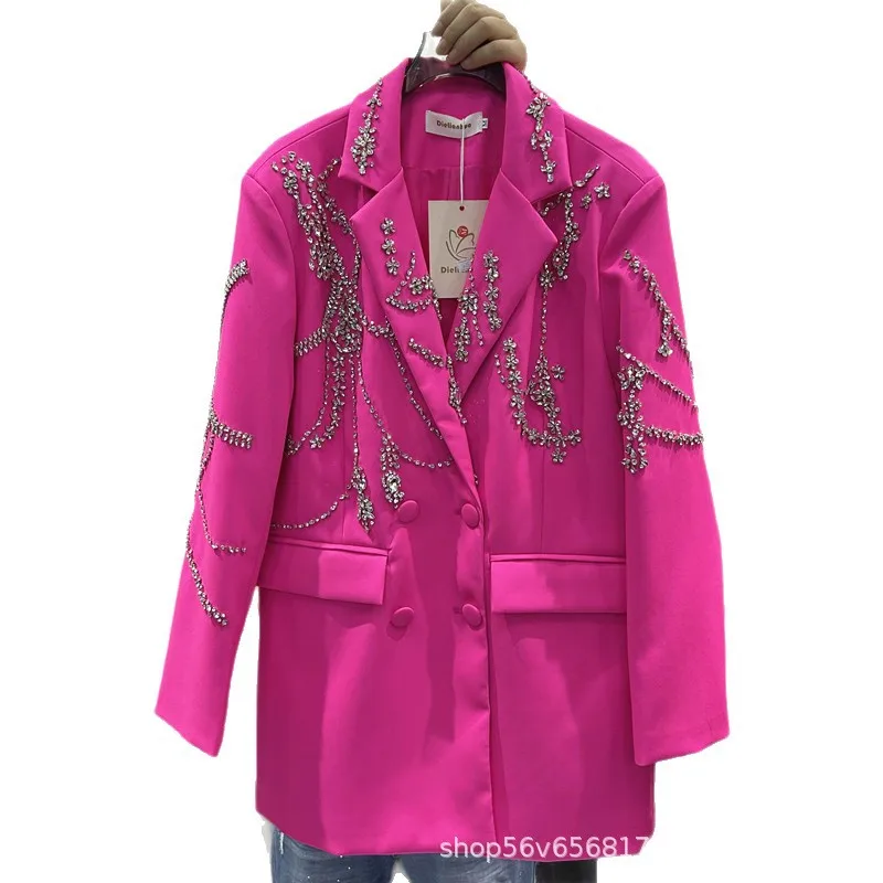 

Fashion Lady New Spring Autumn Mid-long Trench Coat Elegant Double-breasted Diamonds Beads Long Sleeve Loose Suits Jacket Coats