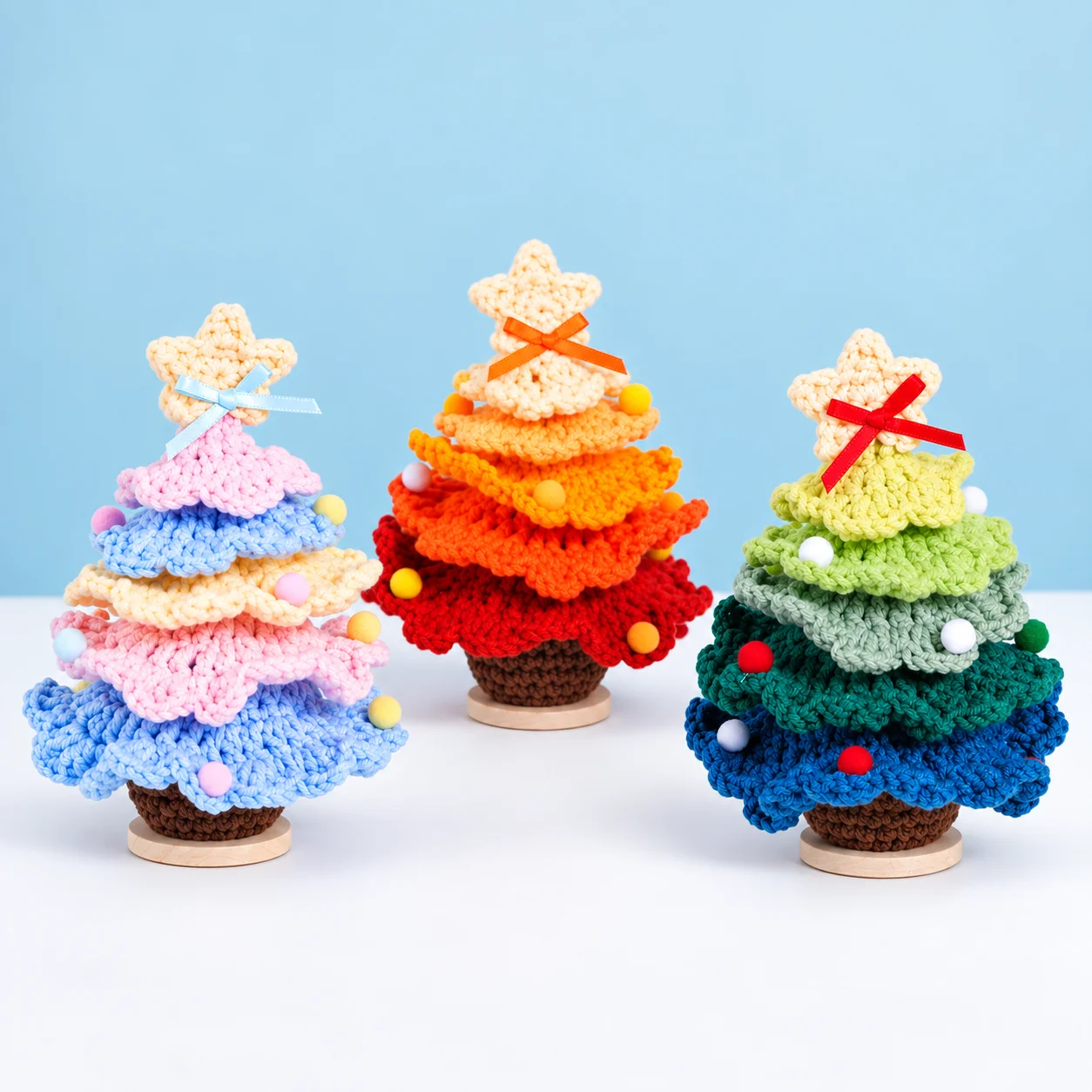Handmade Crochet Christmas Tree Ornament, Mini Knitted Tabletop Xmas Decor with Star & Pom Poms, Holiday Home Decoration
