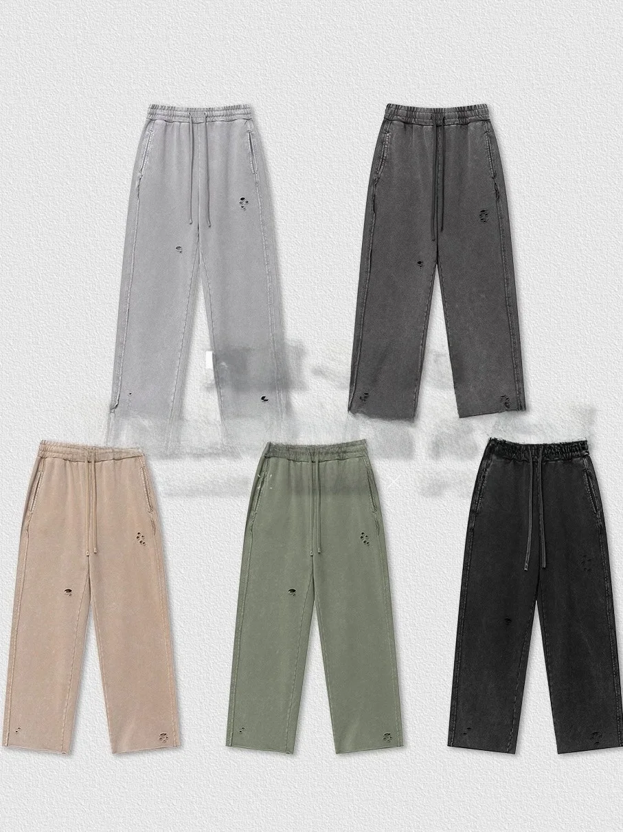 

Loose Men's Hiphop Waed Sweatpants Dstring Casual Sports Straight Leg Long Trousers Knife Cut Hole Street Sle Jeans