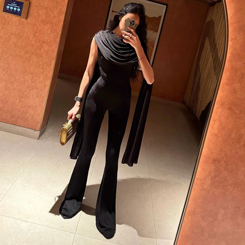 

STYLISH LADY Black Draped Neck Flare Leg Jumpsuit 2026 Summer Women Sleeveless Sheer Mesh Cape Detail Formal Party Oeralls