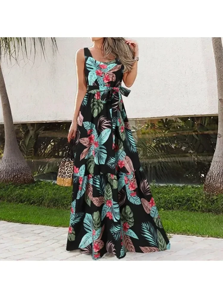 plus size Square Neck Sleeveless Belt Casual Dress Elegant Flower Print Fashion Loose Long Dress Versatile Daily Long Dress