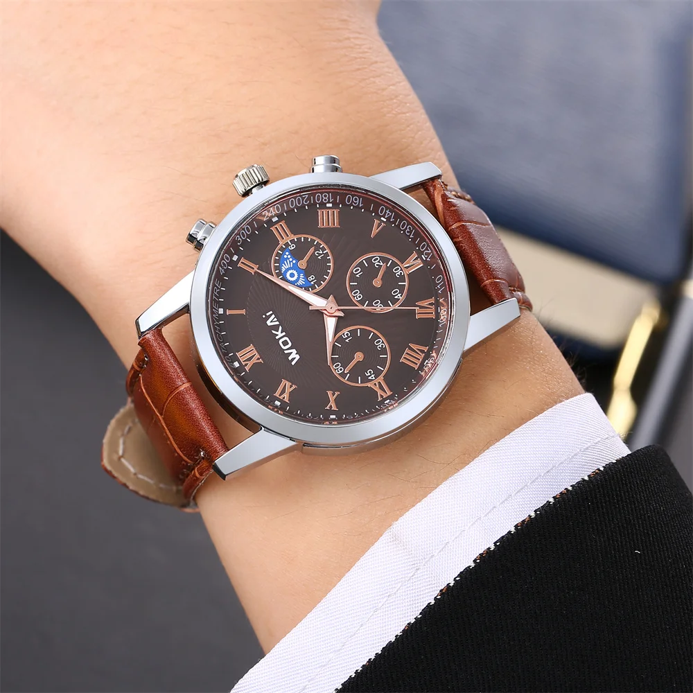 Wokai Brand Leisure Business Male Watch Quartz Sports Casual Leather Men\'s Relogio Clock Elegant Casual Relojes Cheap