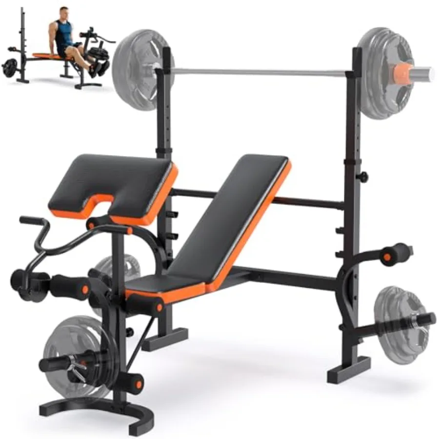 Home workout bench set: 990LBS ccity 6-in-1 adjustable weight bench with leg extension/curl and preacher curl includes barbell