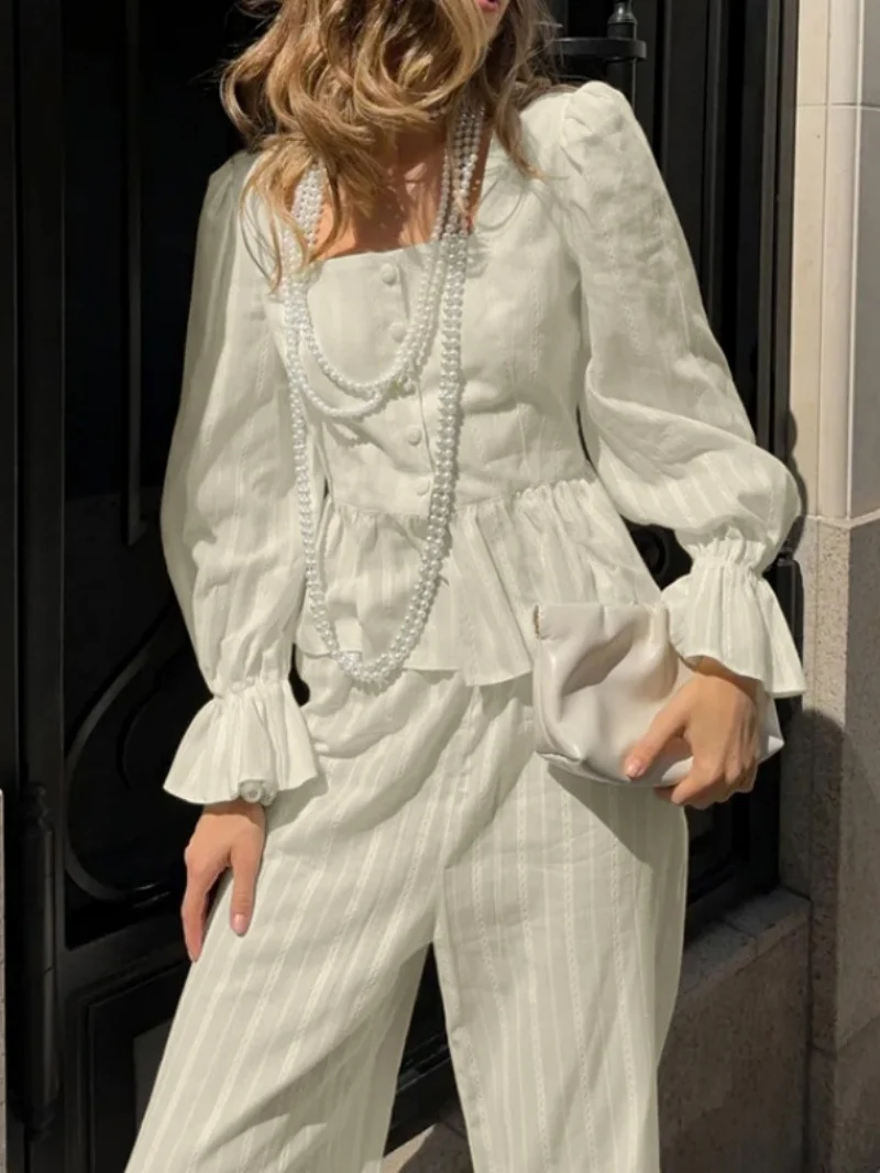 Elegant Cotton 2 Piece Sets Women Outfit Spring Clothes Women 2026 Long Sleeve Shirt Top and Pant Suit OL Style Casual Woman Set