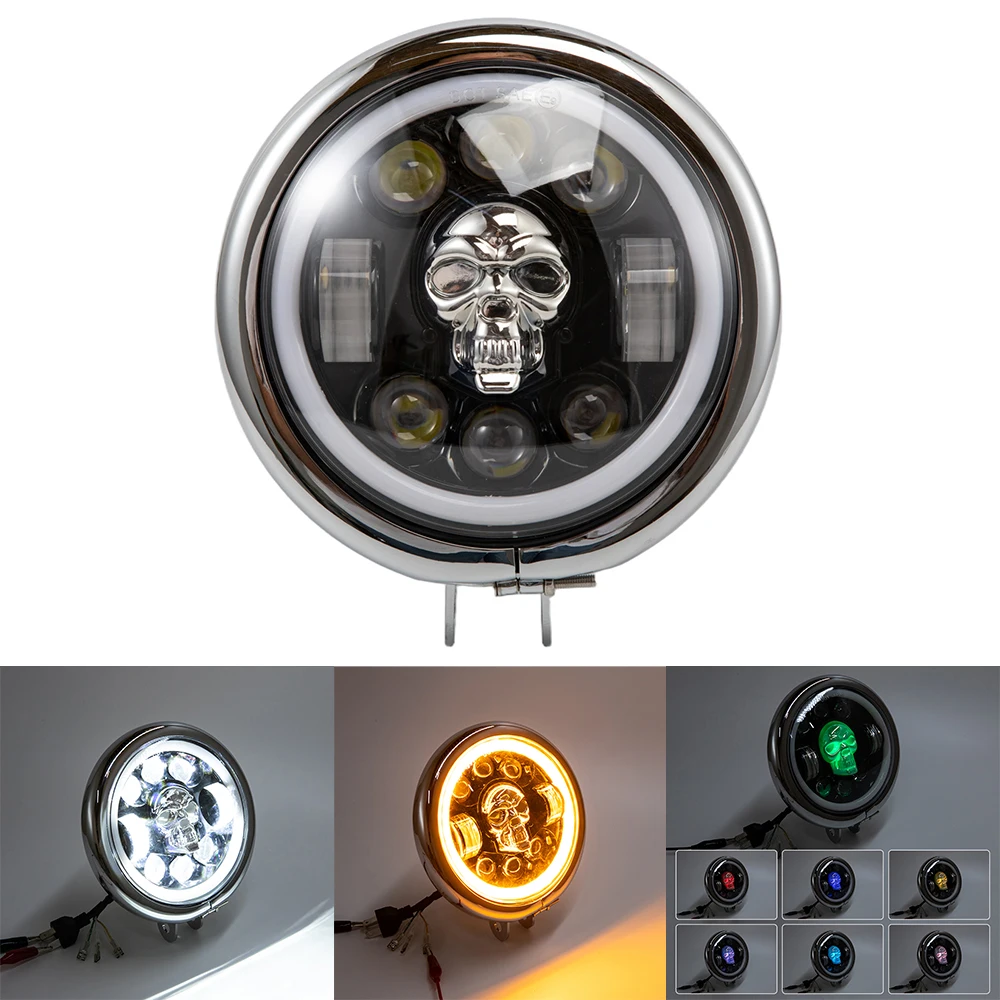 5.75 Inch Round LED Skull Headlight Far Near Light DRL With Turn Signal Angel Eyes Shape Motorcycle Headlamps For Jeep Wrangler