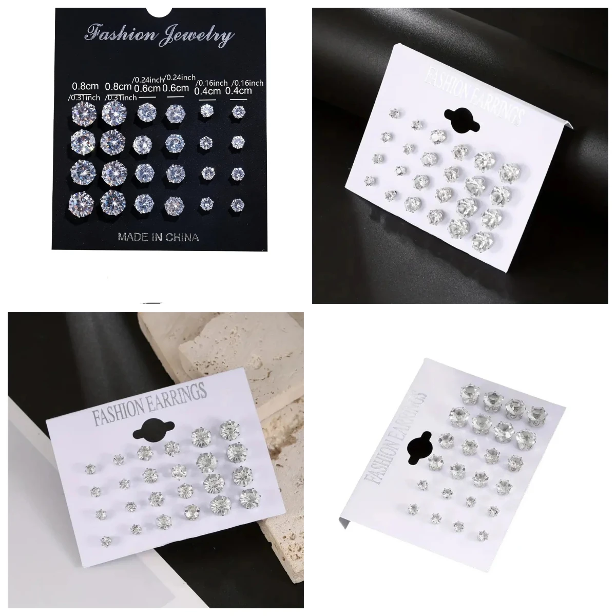 12 Pairs Set Stainless Steel Silver Color CZ Stud Earrings with Gemstone Buds Round Earrings Jewelry Accessories Unisex