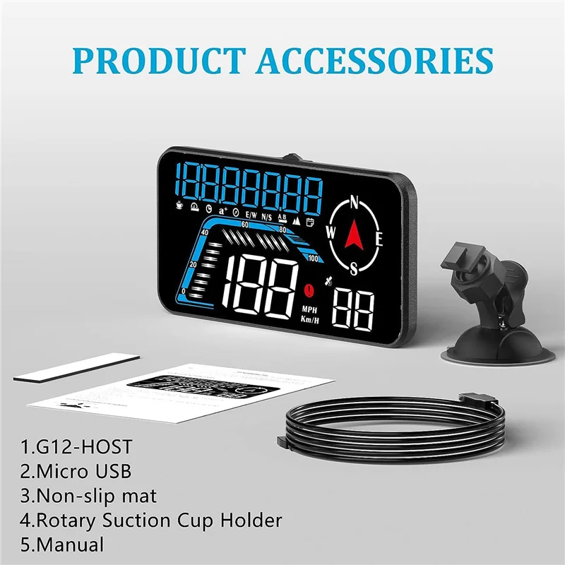 

Classic-G12 HUD Head-Up Display GPS Car Display Speeding Alarm Driving Speed Universal Black Easy Install Easy To Use