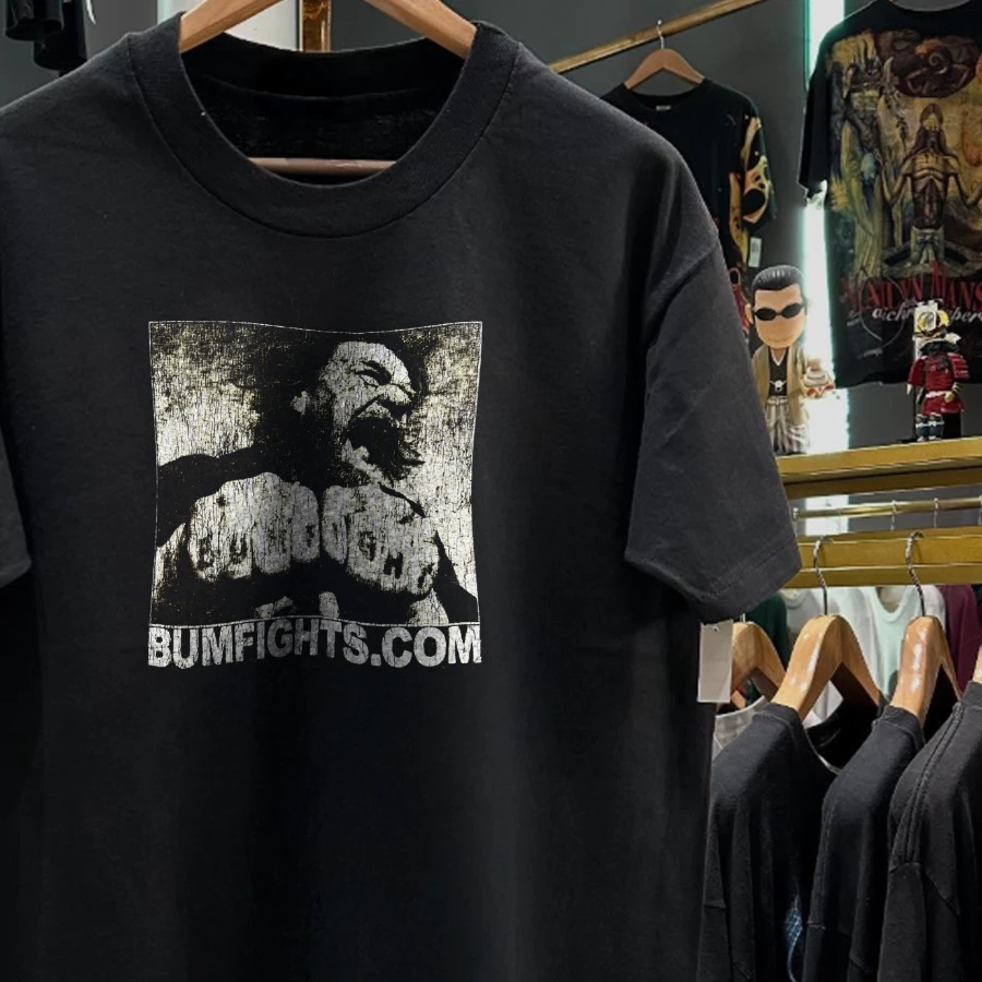 90s Bumfights Promo Rare Washed Black T-Shirt Y2K Style Underground Print Loose Retro Summer