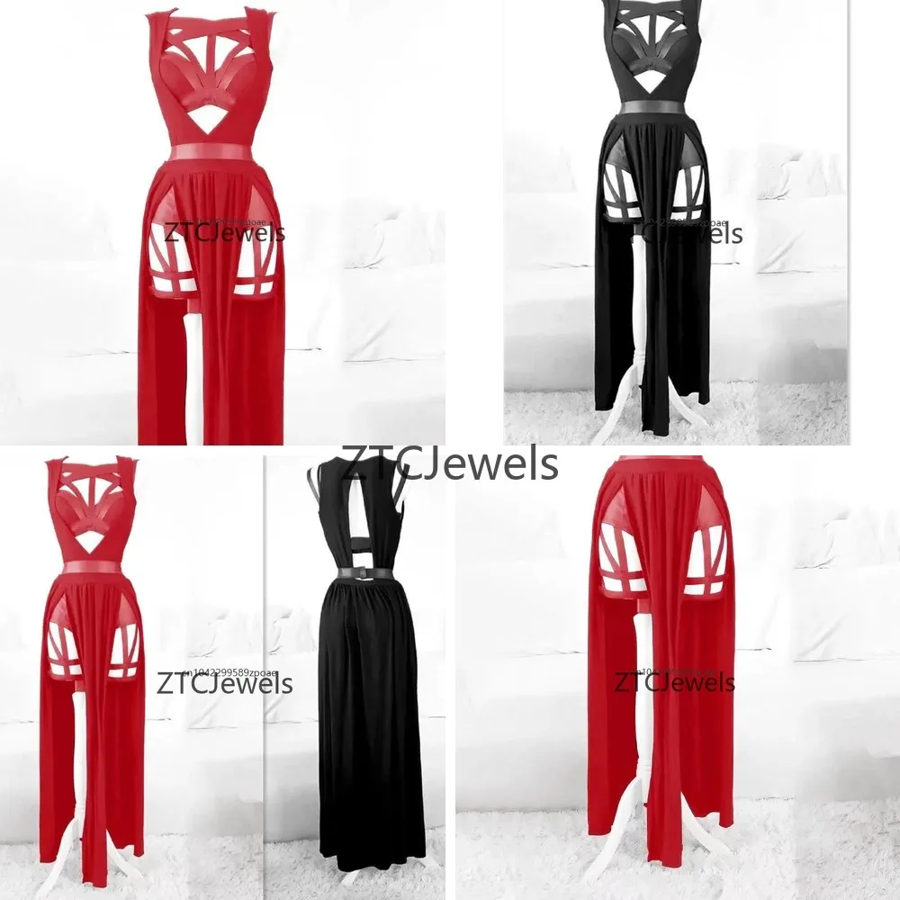 Gothic Red Bandage Hollow Out Cosplay Costume Set  Women Lingerie Party Dress with Chest Pads
