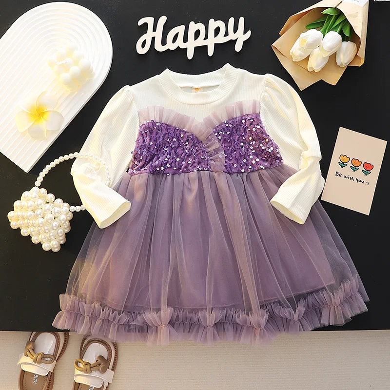 New Kids  Girls Princess Dress Spring Autumn Cotton Long Sleeve Mesh Dress Show Costume