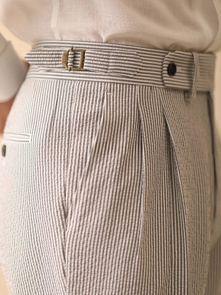 

Busin Casual Men's Slim Fit Bubble Cloth Pants Summer Lightweight Drapey Paris Bule High Waist Trousers Straight Leg