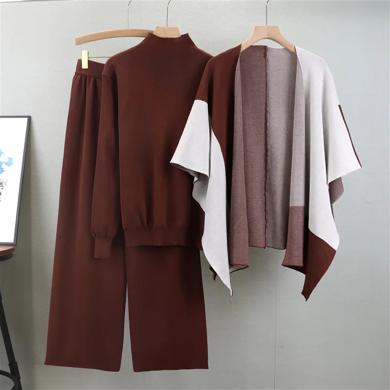 Casual Long Sleeves Knit Top Shawl Pants Suits Elegant Pullover Top Contrasting Colors Shawl Wide Leg Pants Three-Piece Sets