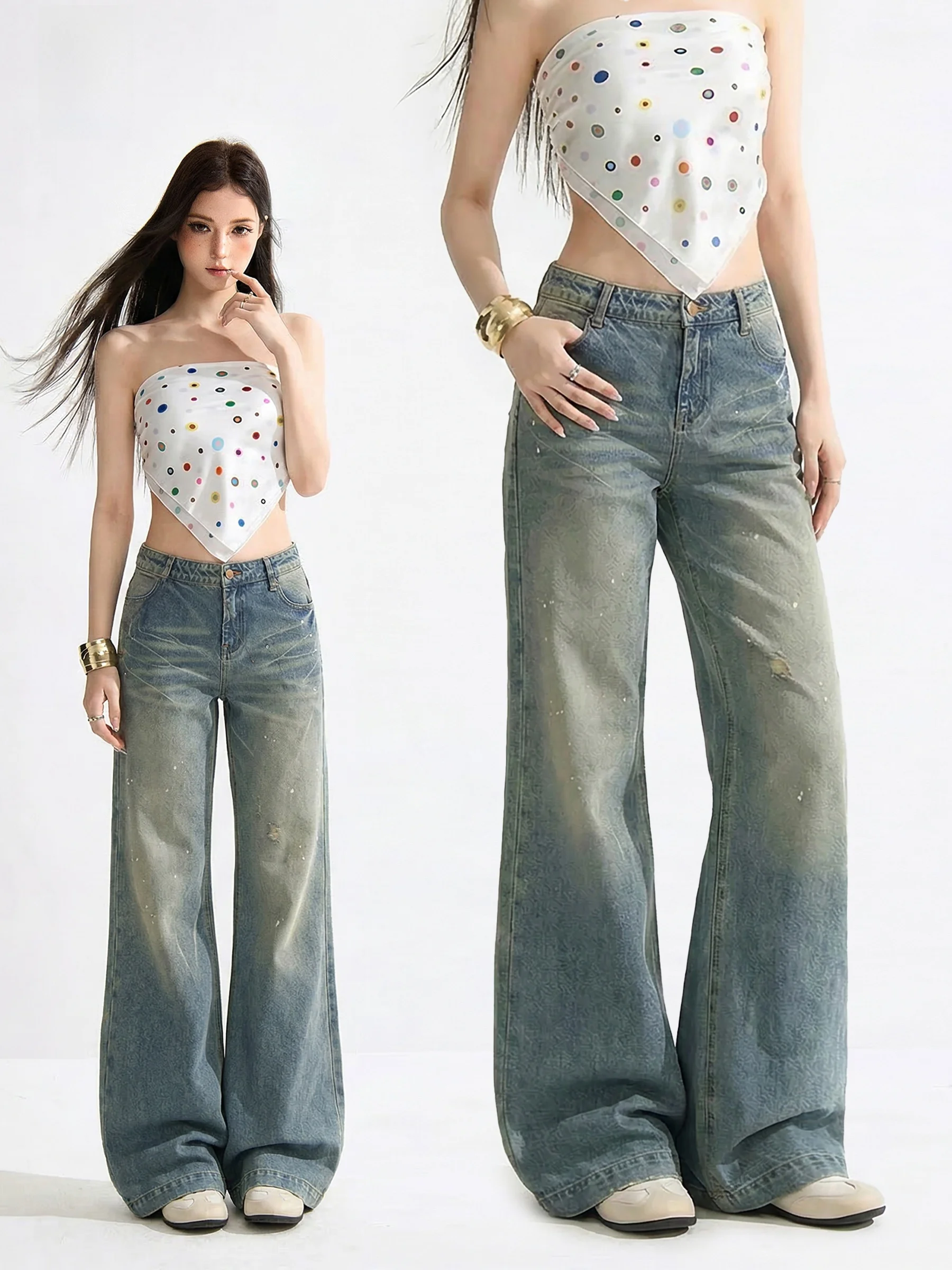 

Low Waist Straight Leg Jeans Women's Summer Slim Fit Distressed Denim Pants American Style Casual Trousers for Ladies