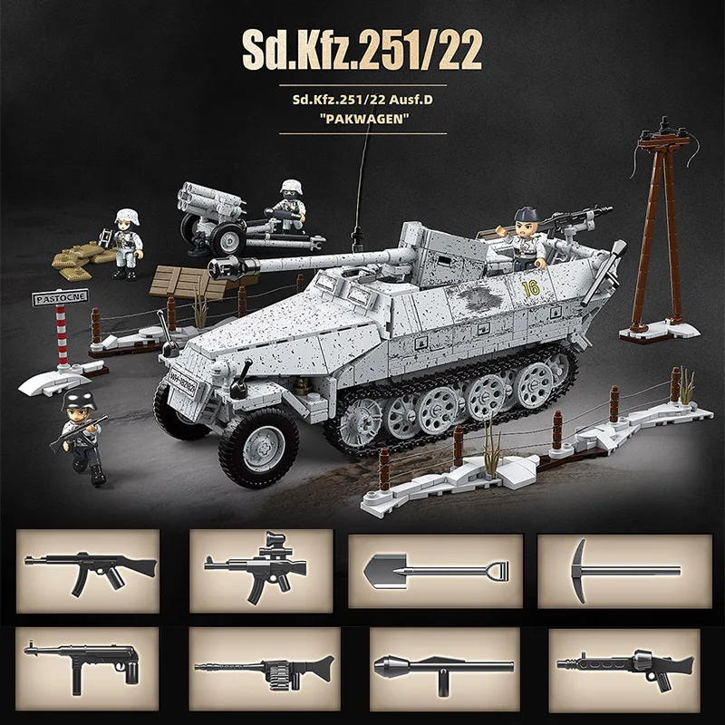 

Military World War 2 Sd.Kfz.251/22 Ausf.D PAKWAGEN Building Blocks MOC WW2 Half Track Anti Tank Armored Vehicle Bricks Toys Gift
