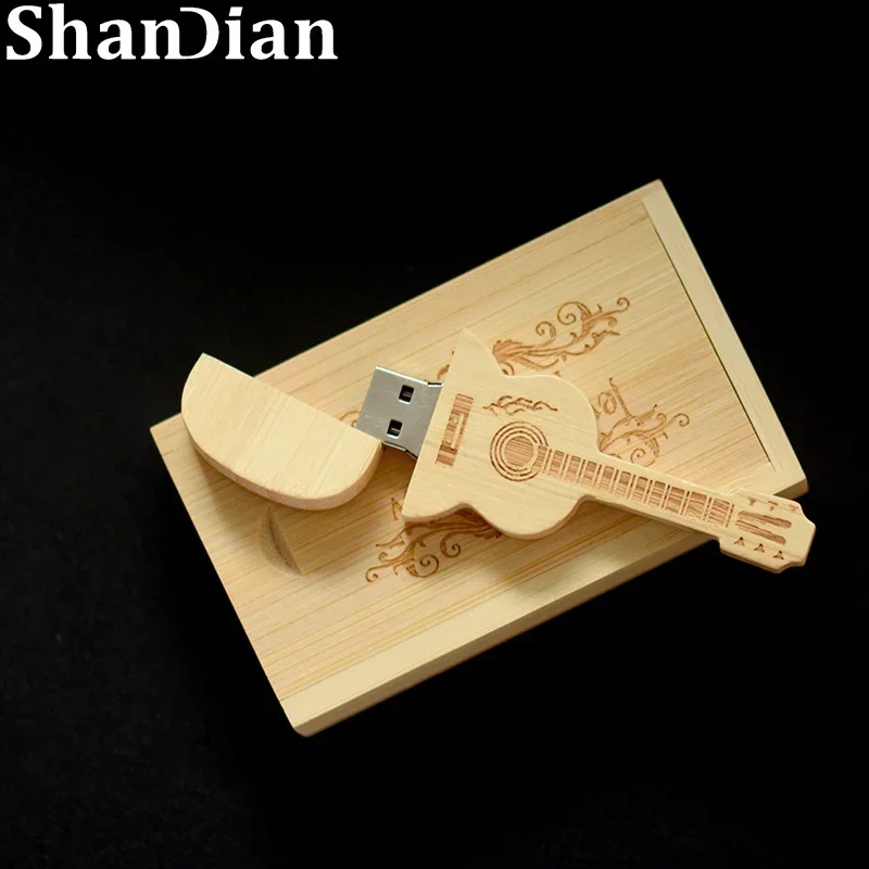 Free Custom LOGO Wooden Guitar USB2.0 Flash Drive 4G 8G 16G 32G 64GB 128G Comes With Key Chain Gifts Pen Drives Box Memory Stick