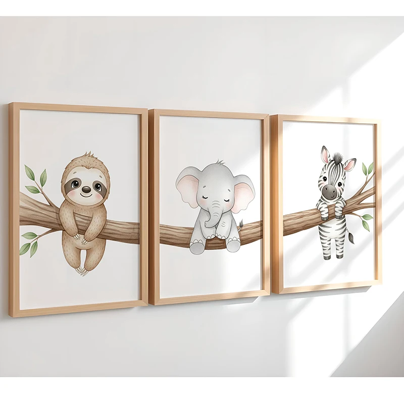 Niedliche Tier-Wandkunst Poster Faultier Elefant und Zebra mit Baum Kinderzimmer Leinwanddrucke für Kinderzimmer, Schlafzimmer Deko