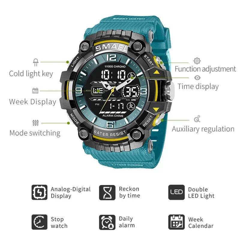 SMAEL-ساعة يد كوارتز مضادة للماء للرجال ، ساعات رياضية ، ساعة منبه رياضية ، ماركة أصلية ، 8089 ، 50 متر