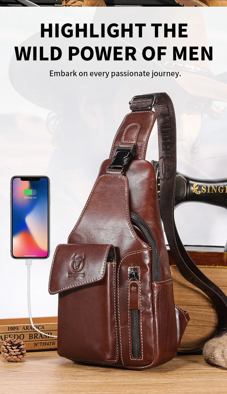 BULLCAPTAIN Echtleder Sling-Rucksack für Herren USB-Ladeanschluss Brusttasche Crossbody Schultertasche Lässiger Tagesrucksack für Arbeit und Reisen – Detail 3