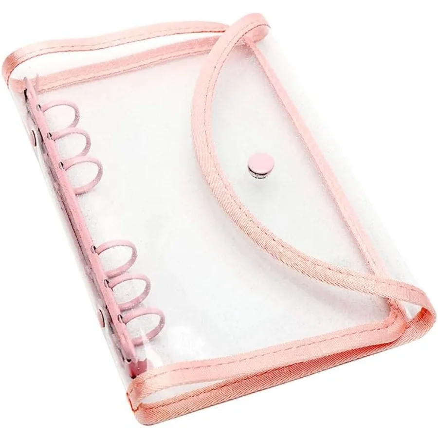 Pink A6 Binder 6 Ring Glitter PVC Budget Binders with Sp Button Closure Loose Leaf Notebook Shell for Photocard Album Cash Enve