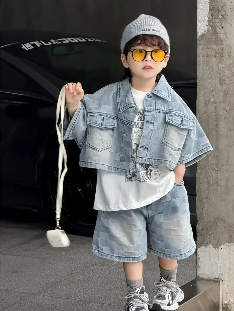 

Baby Boys Children Suits Summer Kids Fashion casual Jean Vest Waistcoat +TShirt+Shorts 3Pcs Sets Handsome Hip hop Streetwear