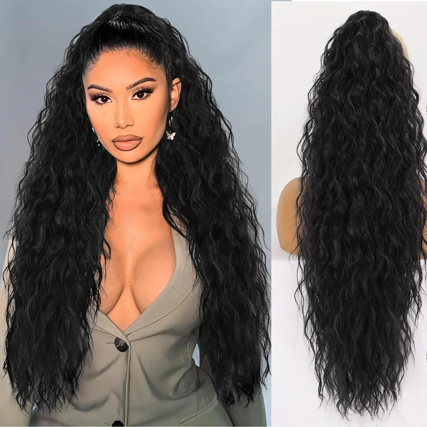 

Long Curly Water Wave Heat Resistant Synthetic Ponytail Wig for Women Fluffy Cornrow Clip-in Cheap Wigs on Clearance Sale