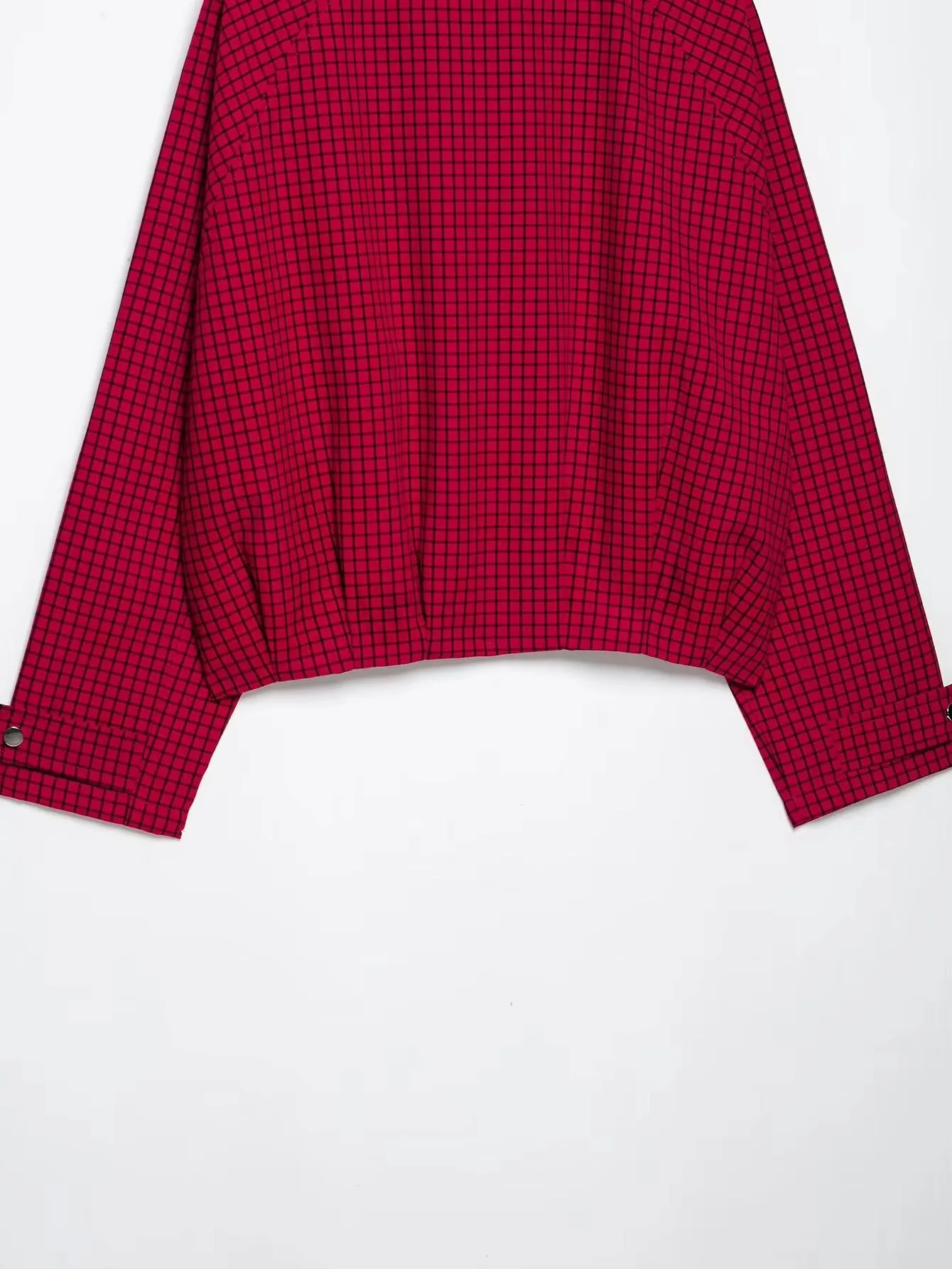 HH Damen Retro Herbst Lose Kurze Jacke Rot Kariert Reißverschlusstaschen Langarm Oberbekleidung Stehkragen Eleganter Partymantel – Detail 8