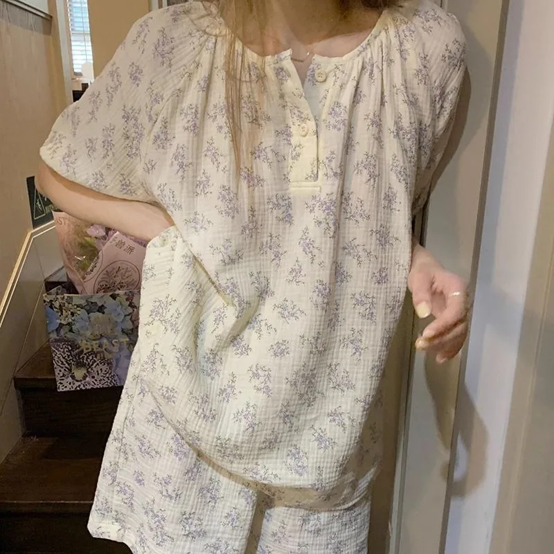 

Floral Sleepwear Women Pajama Sets Ruffles Piiama Korean Sets for Women 2 Pieces Summer Cute Home Suit Short Sleeve Night Wears