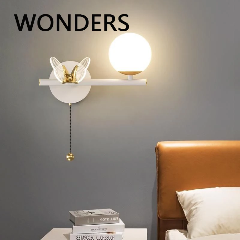 

WONDERS Creative Butterfly Wall Lamps LED Glass Ball Lampshade Bedside Sconce Lights Bedroom Decoration Lustres With Pull Switch