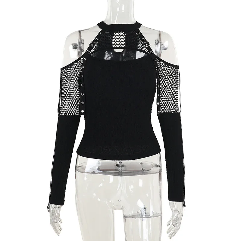 كبير Y2k القوطية نمط الصيد صافي شنقا الرقبة سترة فاسق جوفاء خارج أسود بلا أكمام البنطال القصير #2