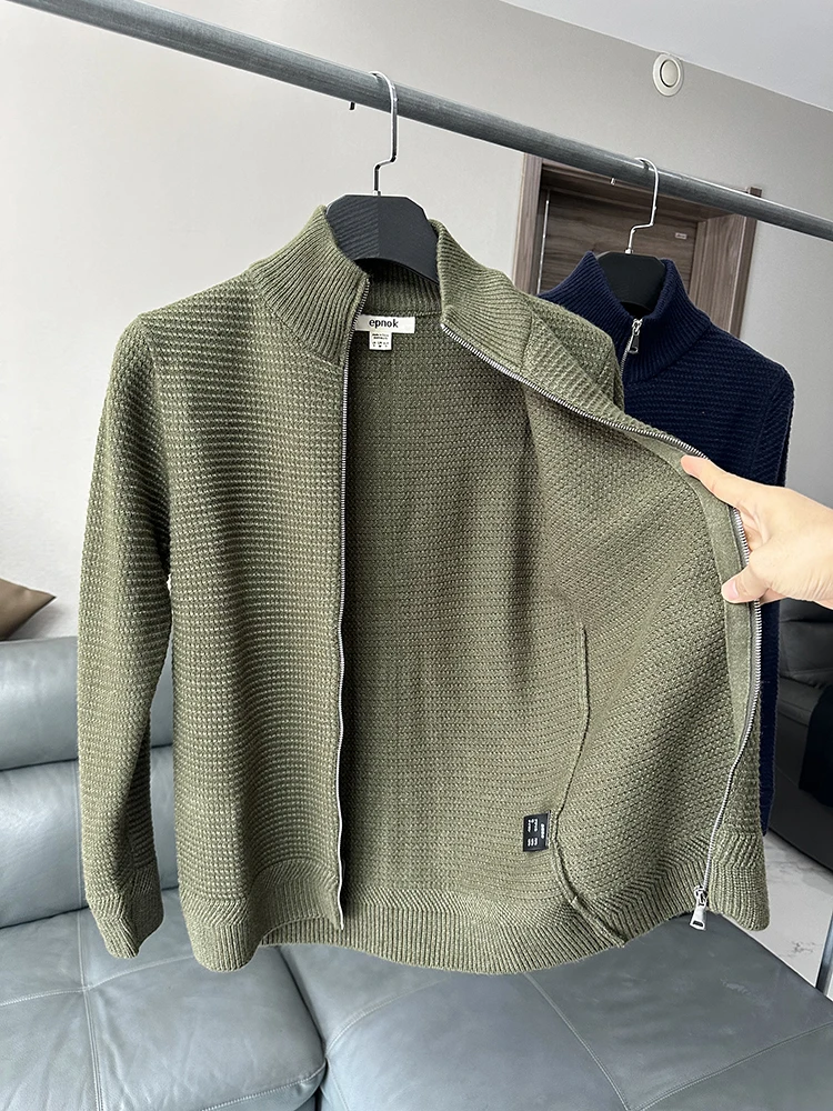 

Autumn Winter New Sle Men's Pure Color Zipper Collar Casual Versatile Warm Wool Open Cardigan Sweater Jaet Trendy