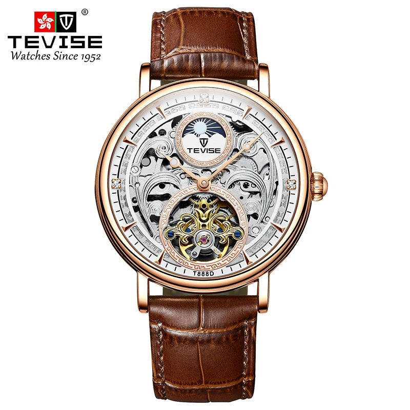 T888D TEVISE Men\'s mechanical watch, high-end fashion belt, hollowed out fully automatic watch