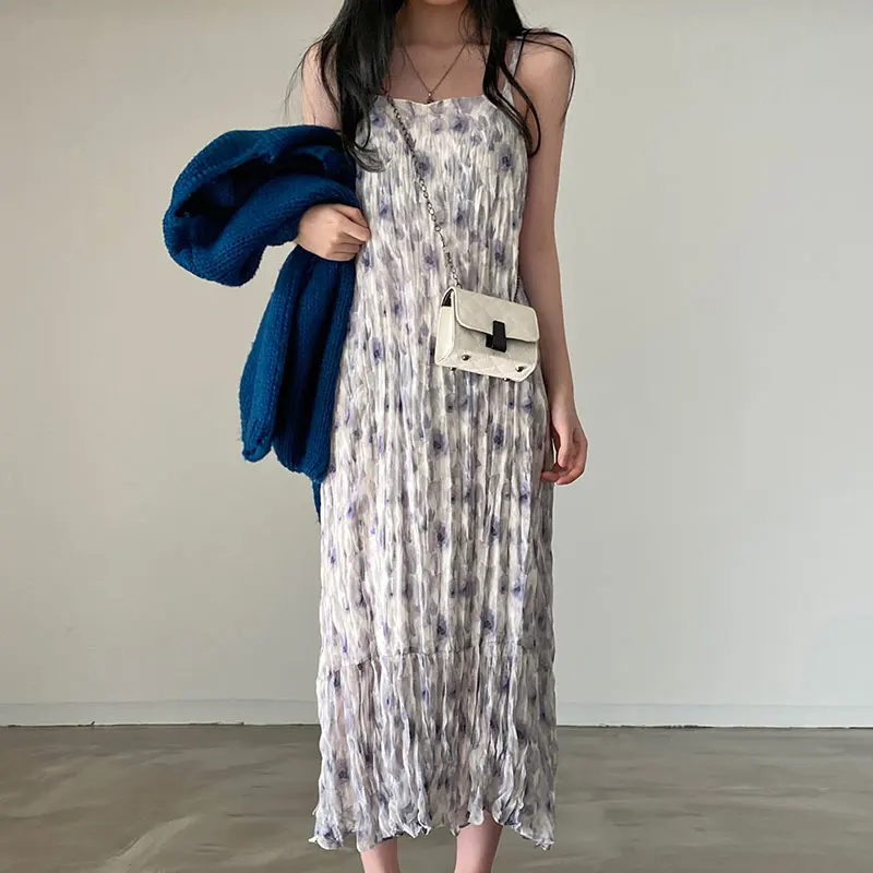 シックなサマードレス スクエアカラー ノースリーブ プリーツ ウォーターインクプリント レースヘムライン ラップスタイル ハイウエスト ロングドレス 韓国スタイル