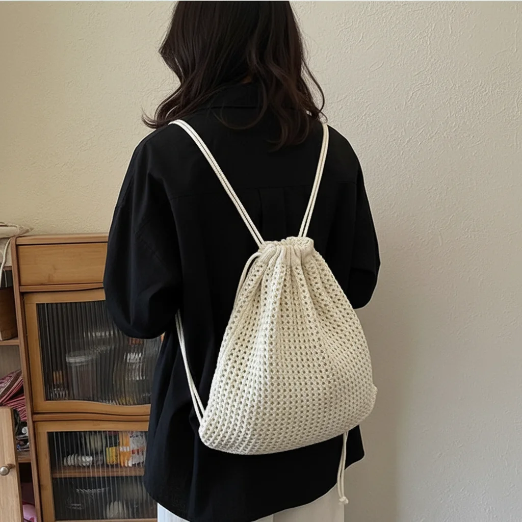 

Сплошная вязаная сумка на плечо, большая вместимость, ленивый стиль, богемный вязаный крючком рюкзак, универсальный полый рюкзак