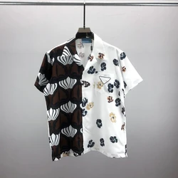 2024 Summer New  Men's Casual CampCollar Short Sleeve Shirts Vintage Black and White Stitching Design Pattern Print Silk  Shirts