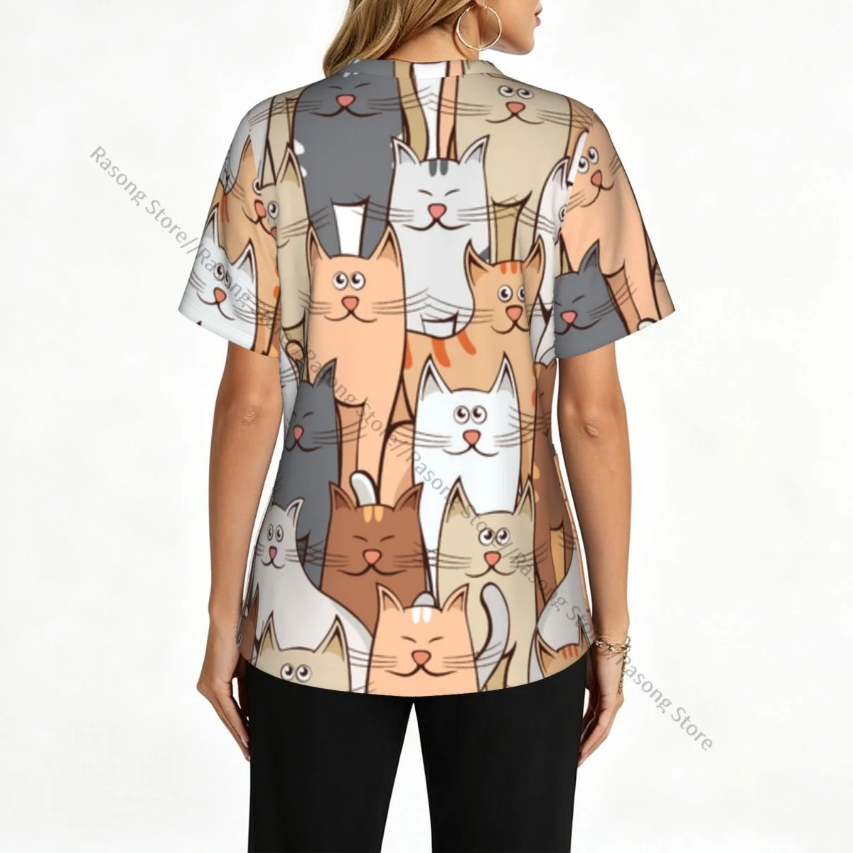 Women Scrubs Blouse Medical Nurse V-neck Clinical Scrubs Top Cats Colorful Operating Room Work T-shirt