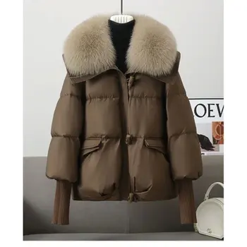 Image Winter New Fur Collar Puffer Down Parka Loose Down Warmer Thicken Snow Jacket Pocket Zipper Faux Fur Outerwear Female