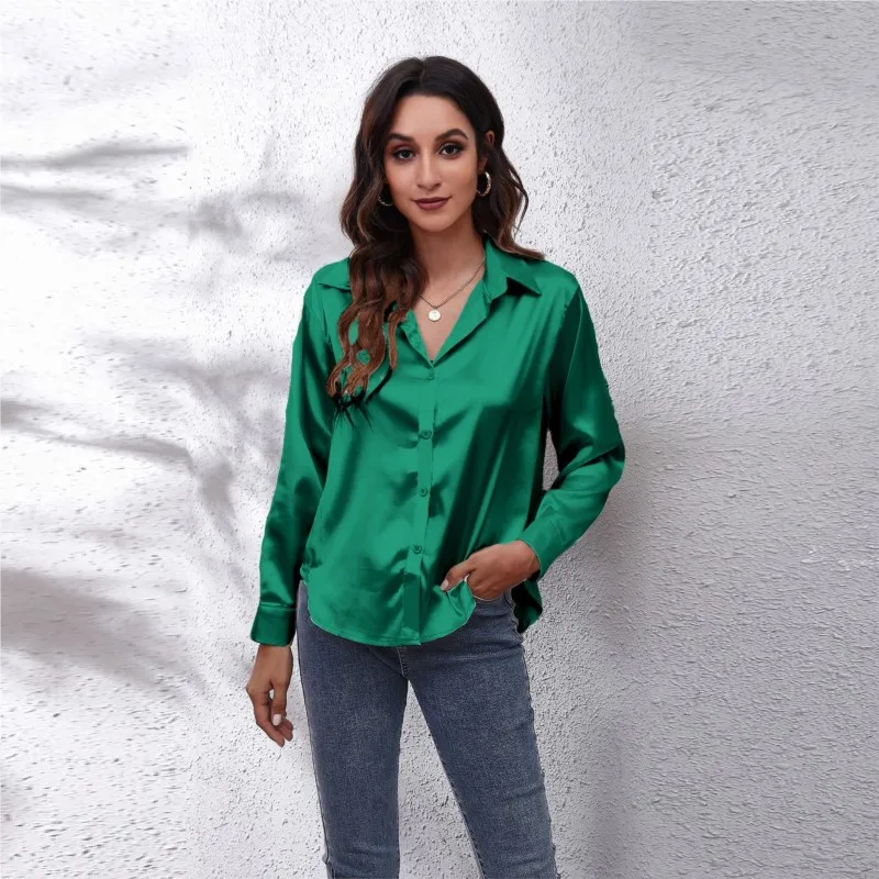 

Women's Satin Shirts Spring Elegant Solid Long Sleeve Blouse Office Lady Button-Up Shirt Top Summer Female Lapel Shirts Blouse