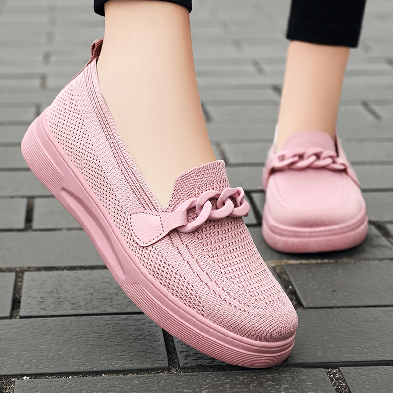 Women\'s Summer Footwear Slip On Female Chain Ballet Flats Sneakers Elegant Comfortable White Nurse Shoes Ladies Loafers