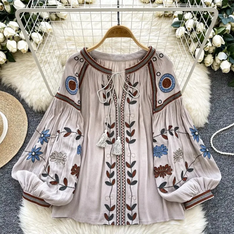 Vintage O-neck Lace-up Elegant Long Lantern Sleeve Chic Embroidered Loose Top Korean Streetwear High Street Autumn Basics Blouse