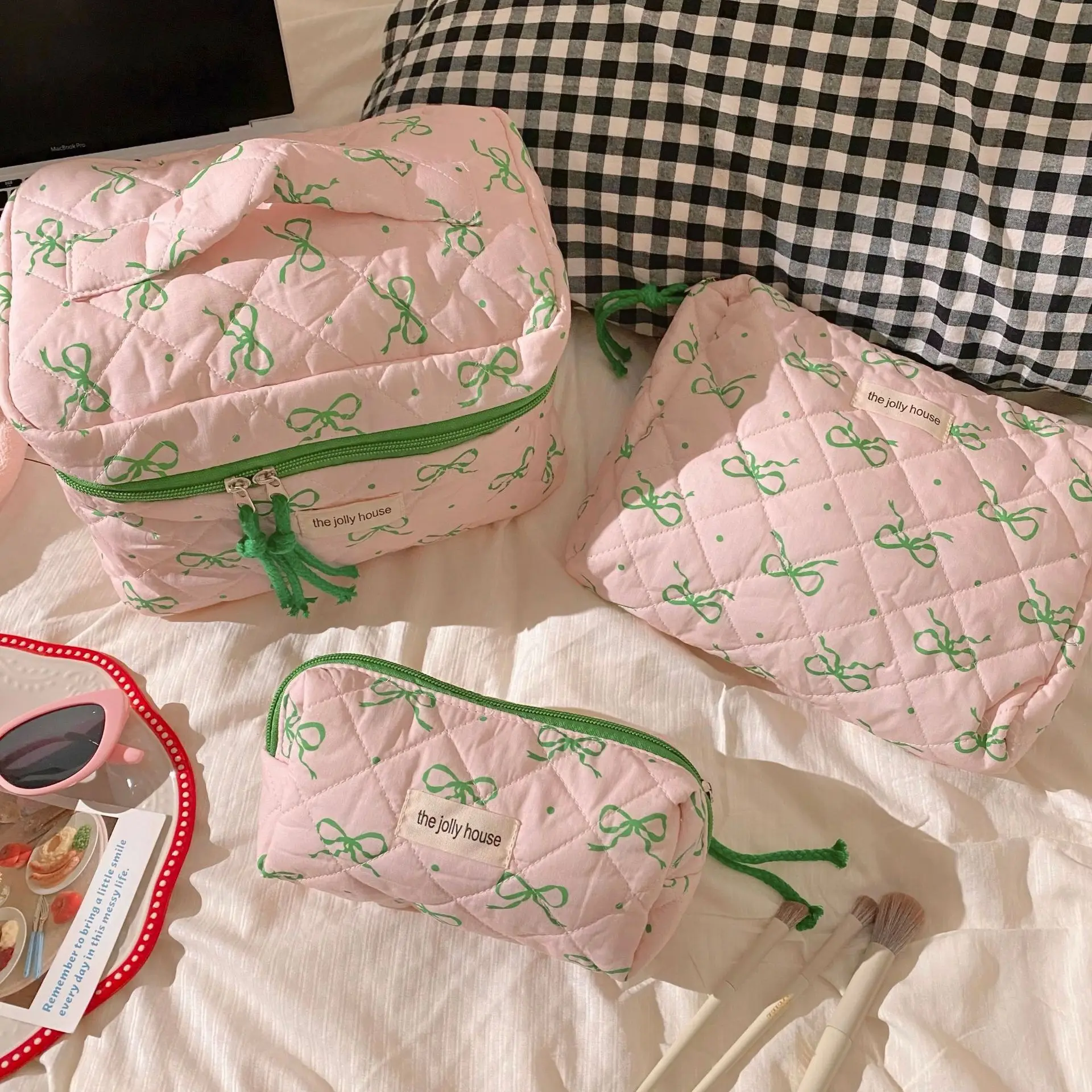 Borsa per il trucco con fiocco a contrasto rosa verde borsa da toilette portatile da viaggio di grande capacità