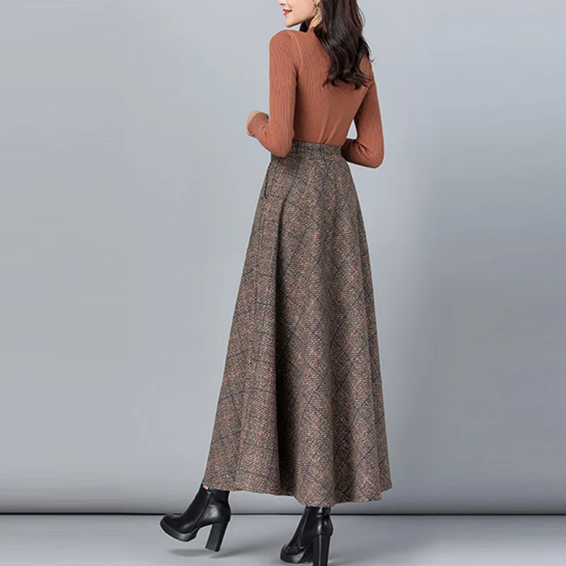 2024 Winter Fashion Vintage Retro Style  Female Plus Size Brown Grid Plaid Casual Elegant Woolen A-line Ladies Skirts Womens