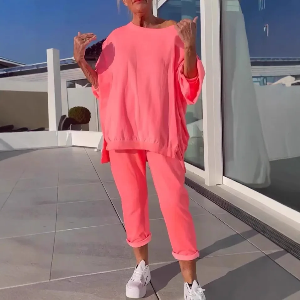 

2026 European and American new casual solid color round neck long-sleeved top sports versatile pants suit women