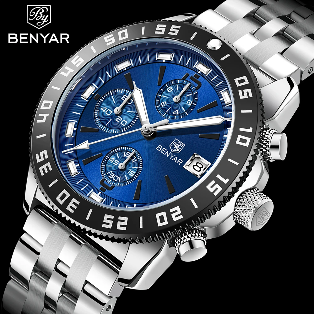 2023 BENYAR Men Quartz Wristwatch Stainless Steel Luxury Chronograph Watch for Men Sports Fashion Waterproof Clock Reloj Hombre