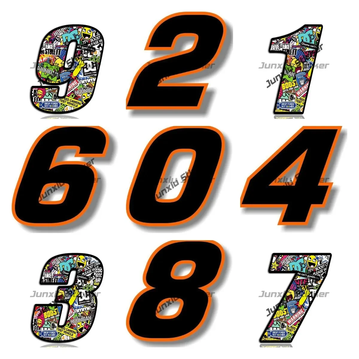 

Black with Orange Border Punk Number Stickers Numbers 0123456789 Vinyl Decal Graphic Car Accessories Racing Helmet Motorcycle