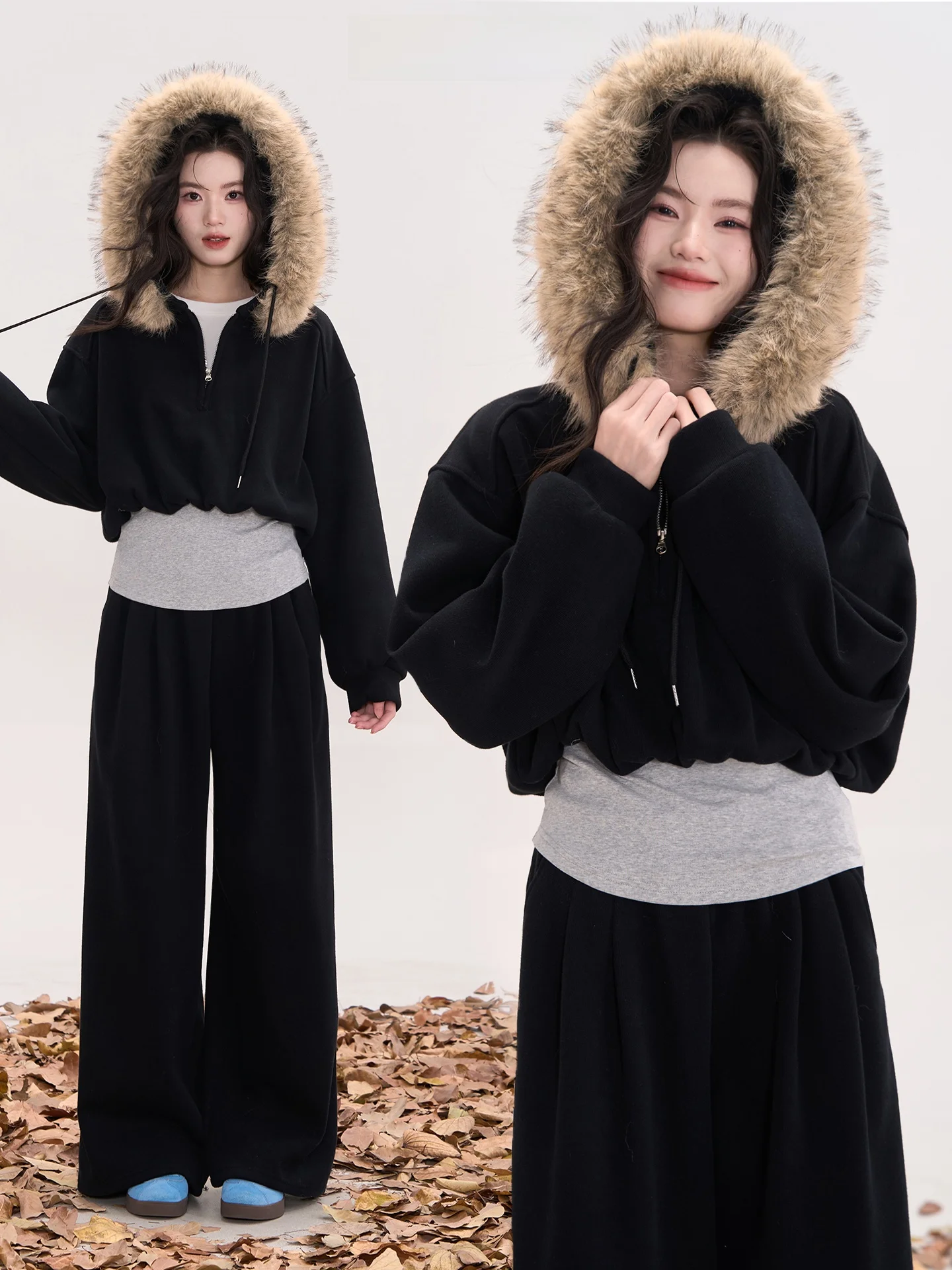 

Зимний модный комплект Heme с отстегивающимся большим меховым воротником: женский свитшот и брюки в американском стиле, комплект из двух предметов