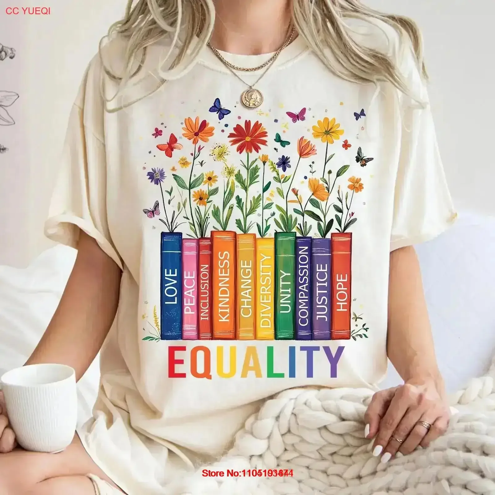 T-shirt d'égalité avec livres et fleurs, Design inspirant, diversité de paix d'amour pour les changistes, vintage délavé pour homme
